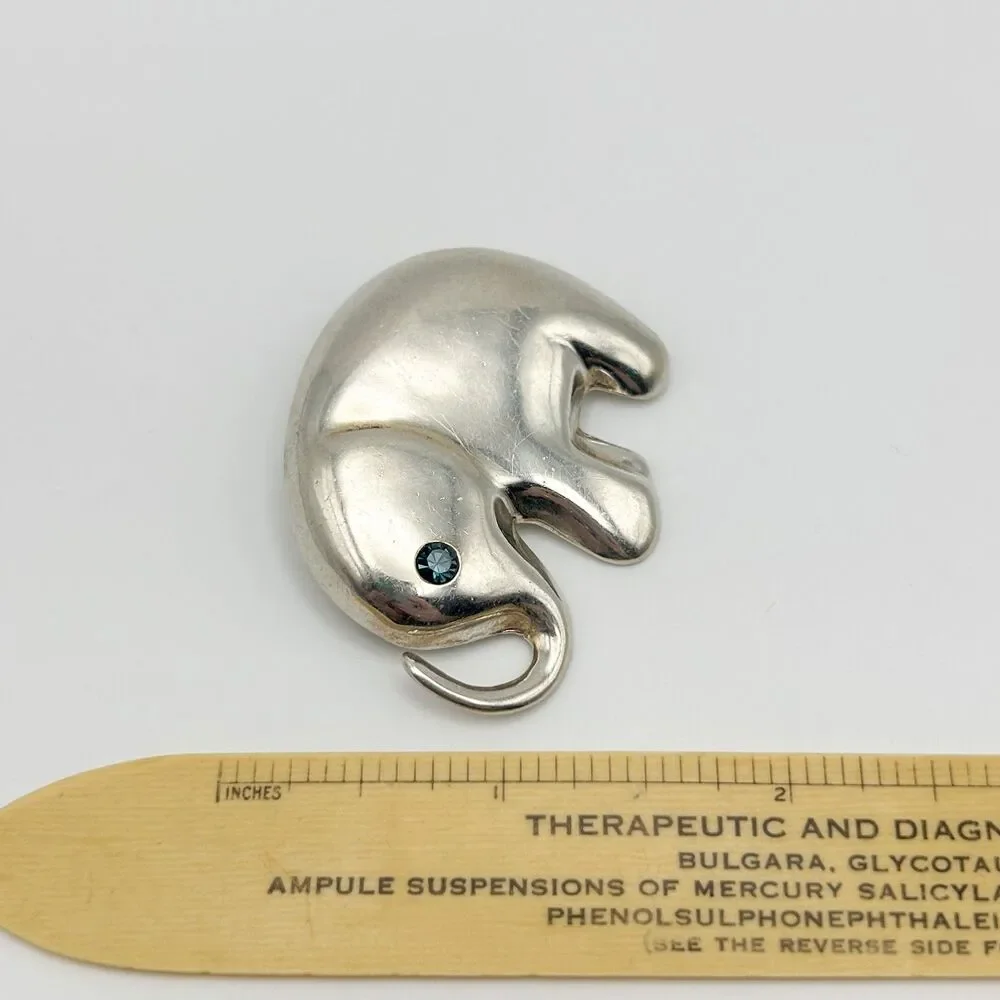 Vintage Sterling Silver 925 Elephant Brooch Pin with Blue Rhinestone Eye